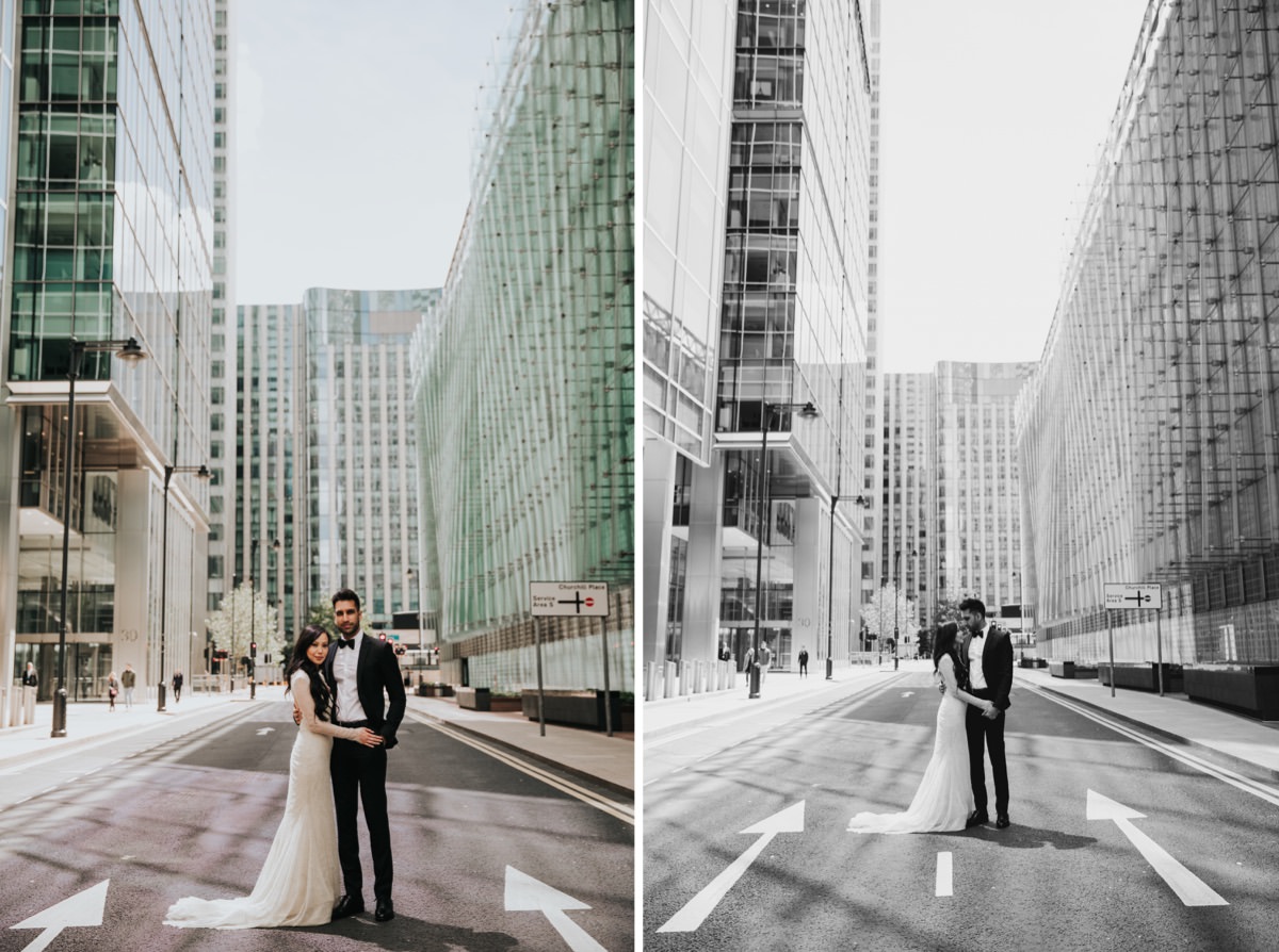 COUPLE HUGGING FOR THEIR CANARY WHARF ENGAGEMENT PHOTOSHOOT, LONDON WEDDING PHOTOGRAPHER