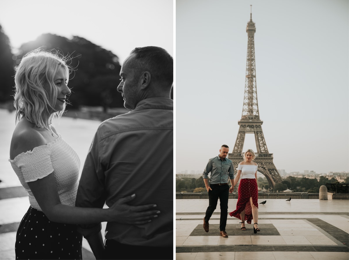 Couple at Trocadero by the Eiffel Tower in Paris for their sunrise engagement photography.
